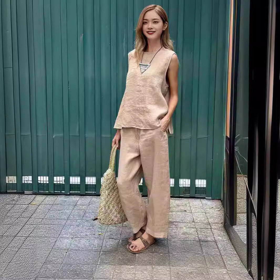 Cotton And Linen Fashion Casual Loose Two-piece Suit Sleeveless Top Loose Trousers Women's Suit nyaabs.com