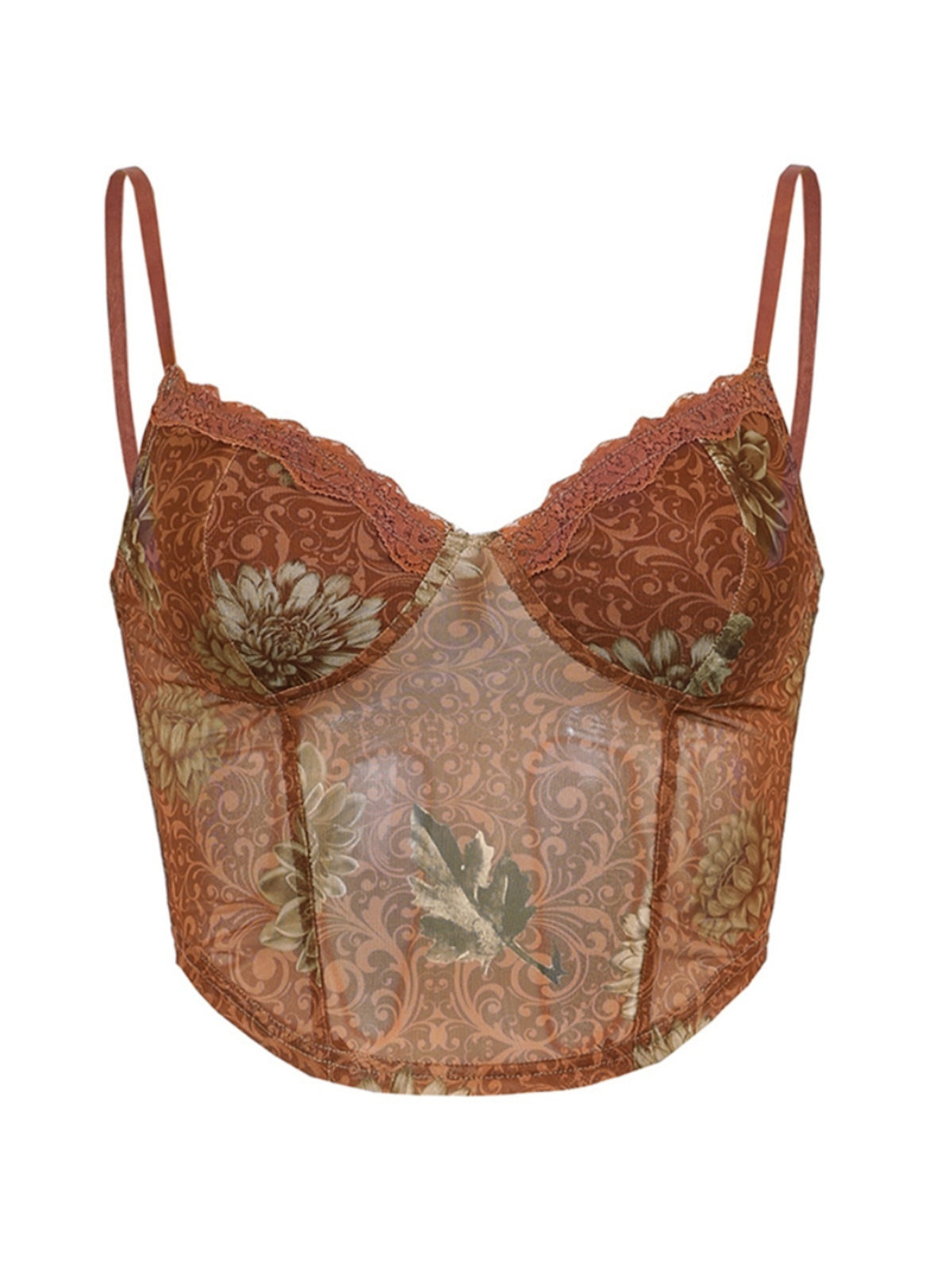 Bohemian Niche Printed Mesh Brown Underwear Spaghetti-strap Slip - Nyaabs