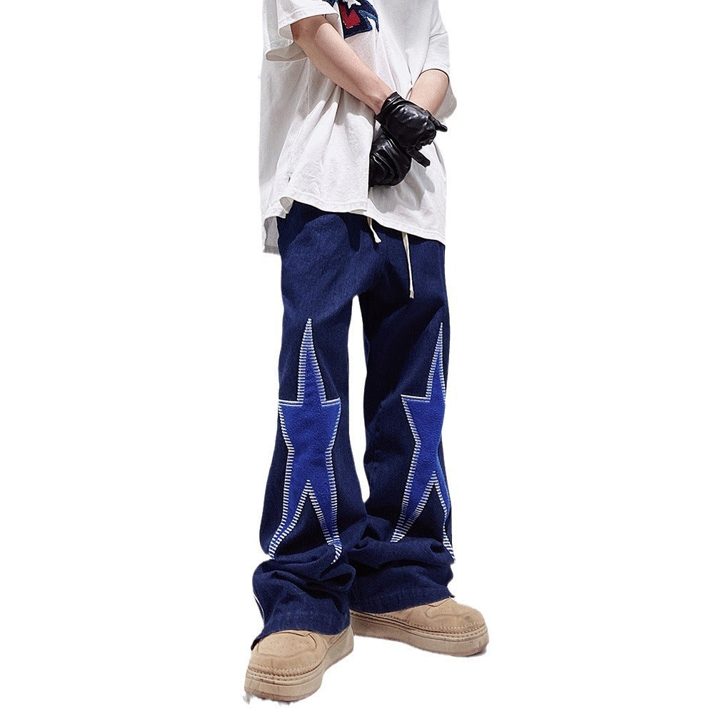 Five-pointed Star Embroidery Denim Horn Loose Straight Casual All-match Mop Trousers Men - Nyaabs