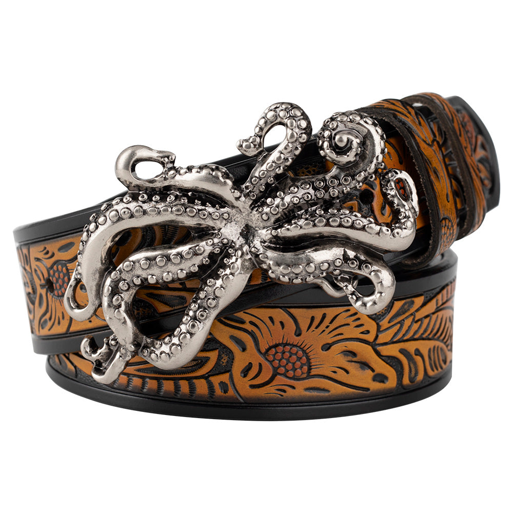 Animal Octopus Smooth Buckle Tang Grass Embossed Leisure Belt - Nyaabs