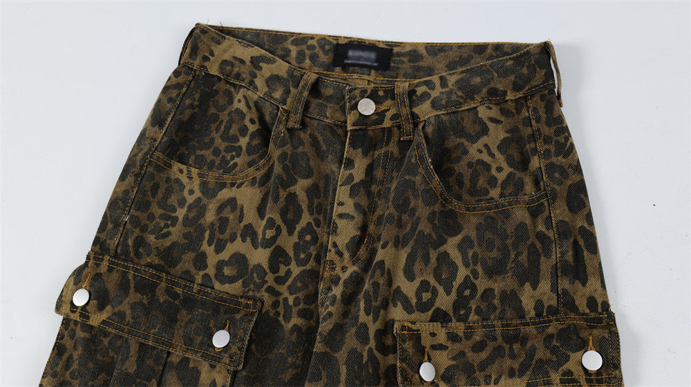 Men's Punk Distressed Pleated Leopard Jeans - Nyaabs