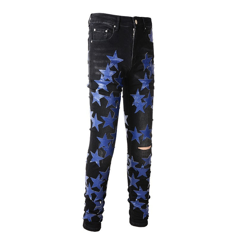 High Street Leather Dark Blue Star Trendy High Craft Stretch Slim Jeans - Nyaabs