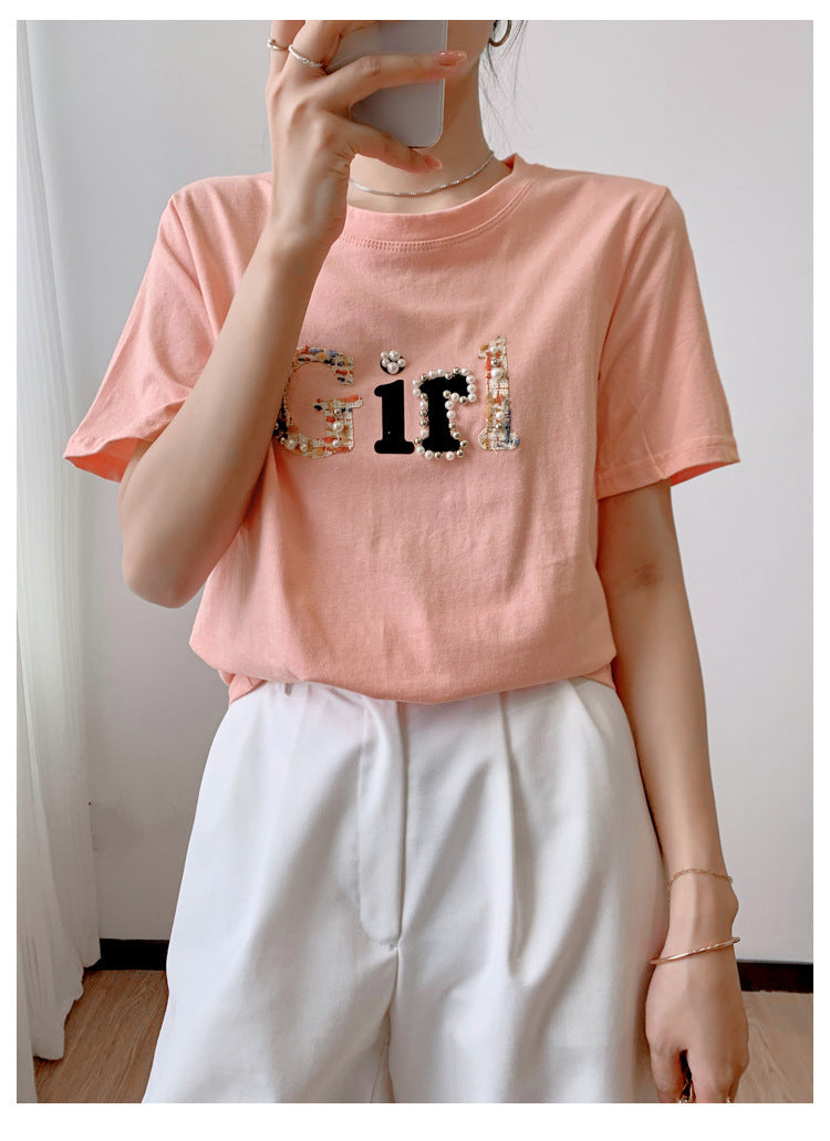 Printed T-shirt Korean Style Versatile Half Sleeve Top - Nyaabs