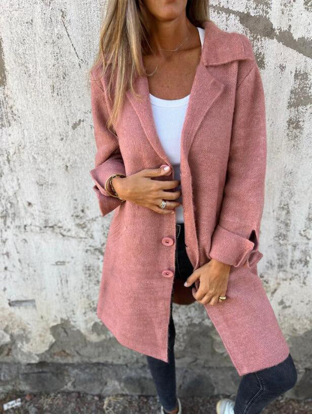 Lapel Single Breasted Cardigan With Pockets Fashion Color Solid Mid-Length Outwear Coat Womens Clothing - Nyaabs