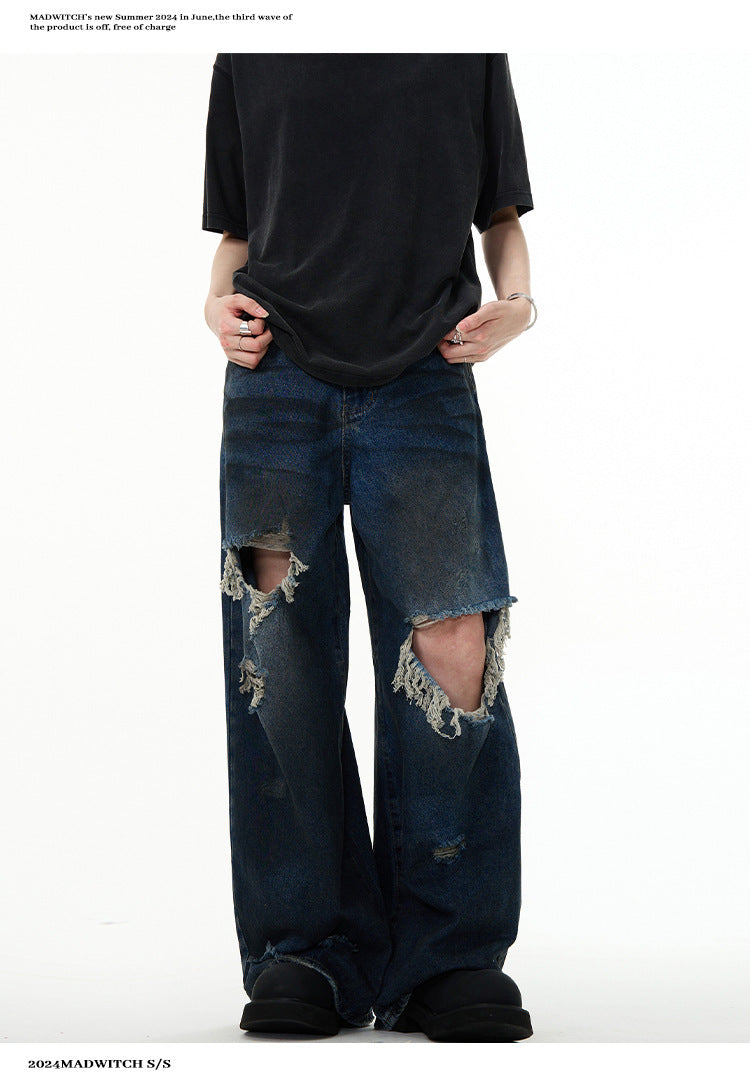 American Retro Make Old Ripped Design Mopping Jeans - Nyaabs