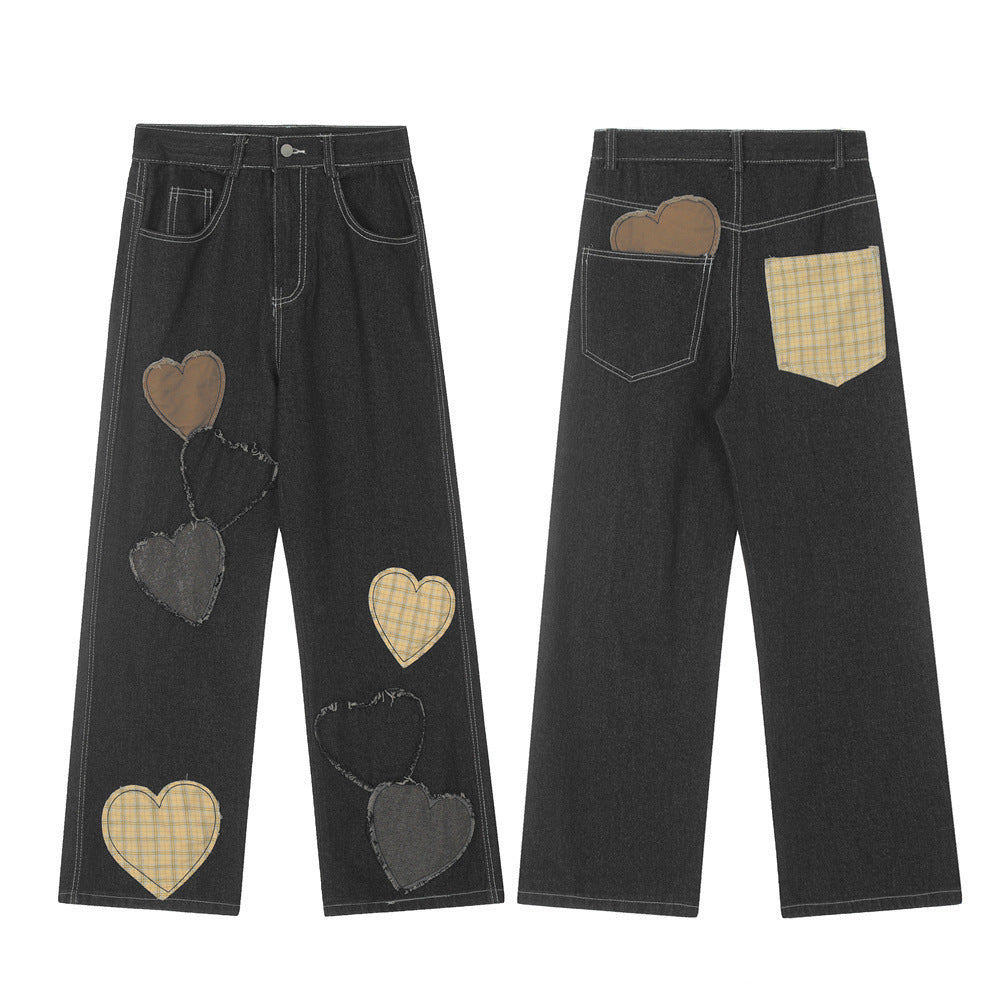 Contrast Color Love Patch Denim Straight-leg Trousers Men - Nyaabs