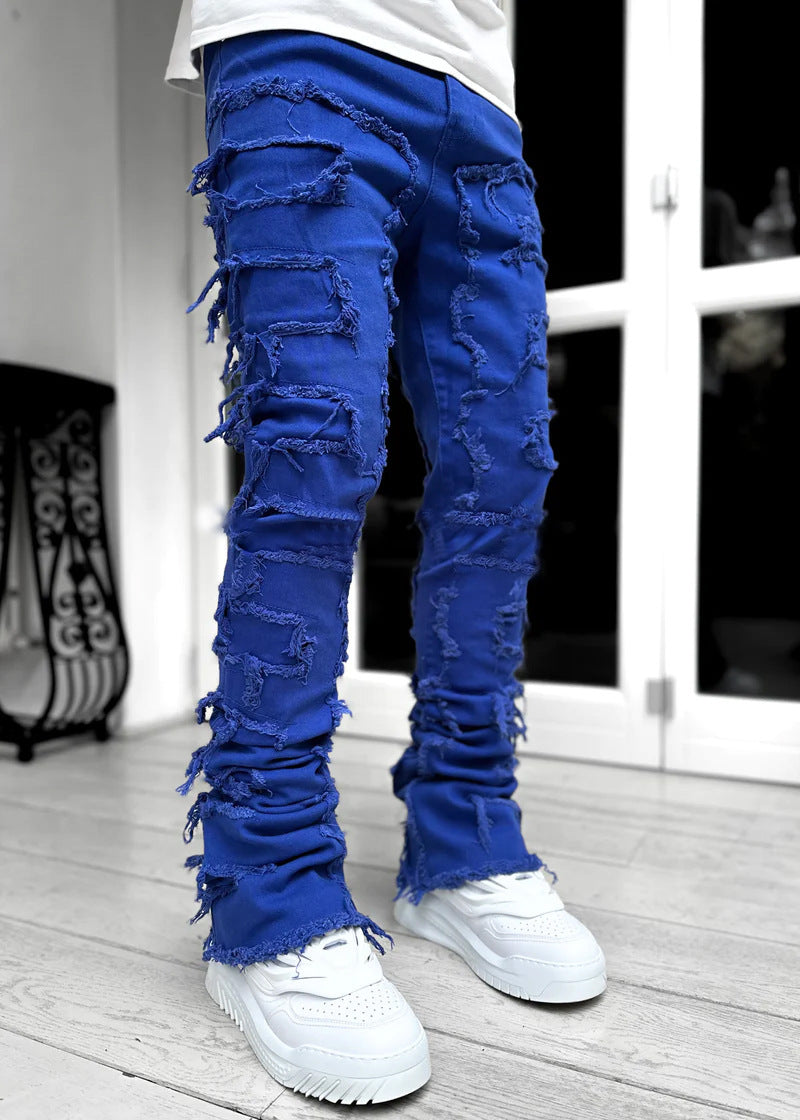 Men Trousers Individual Patched Pants Long Tight Fit Stacked Jeans For Mens Clothing - Nyaabs