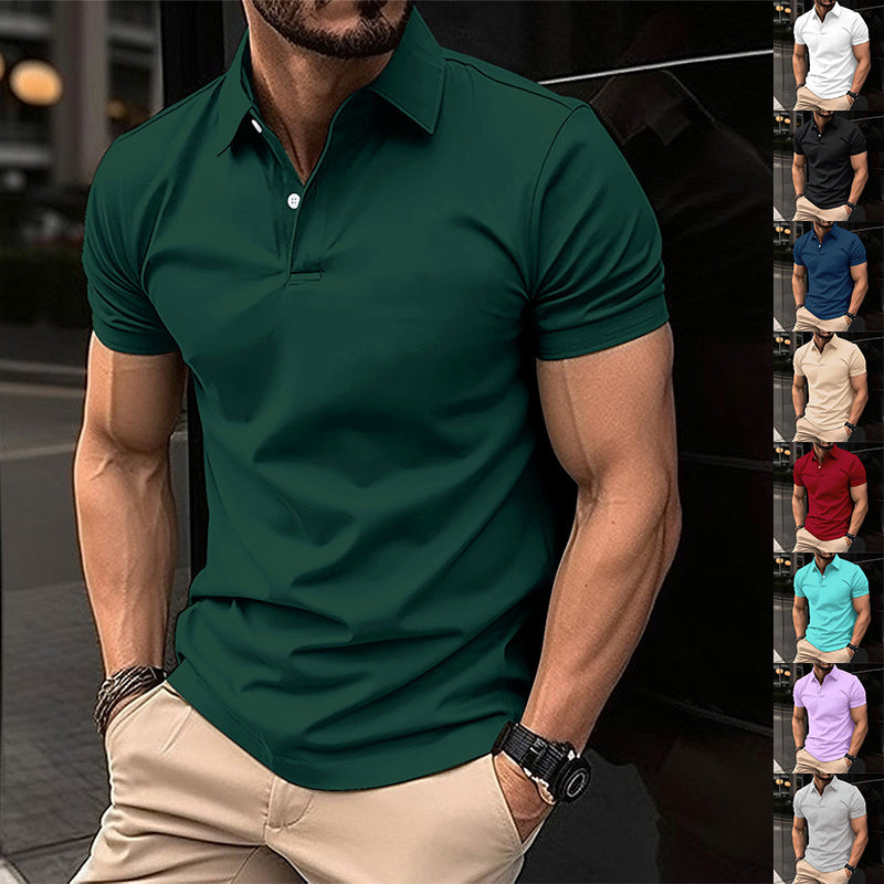 Summer Short Sleeve Polo Shirt Men Solid Color Button Lapel Button Top - Nyaabs