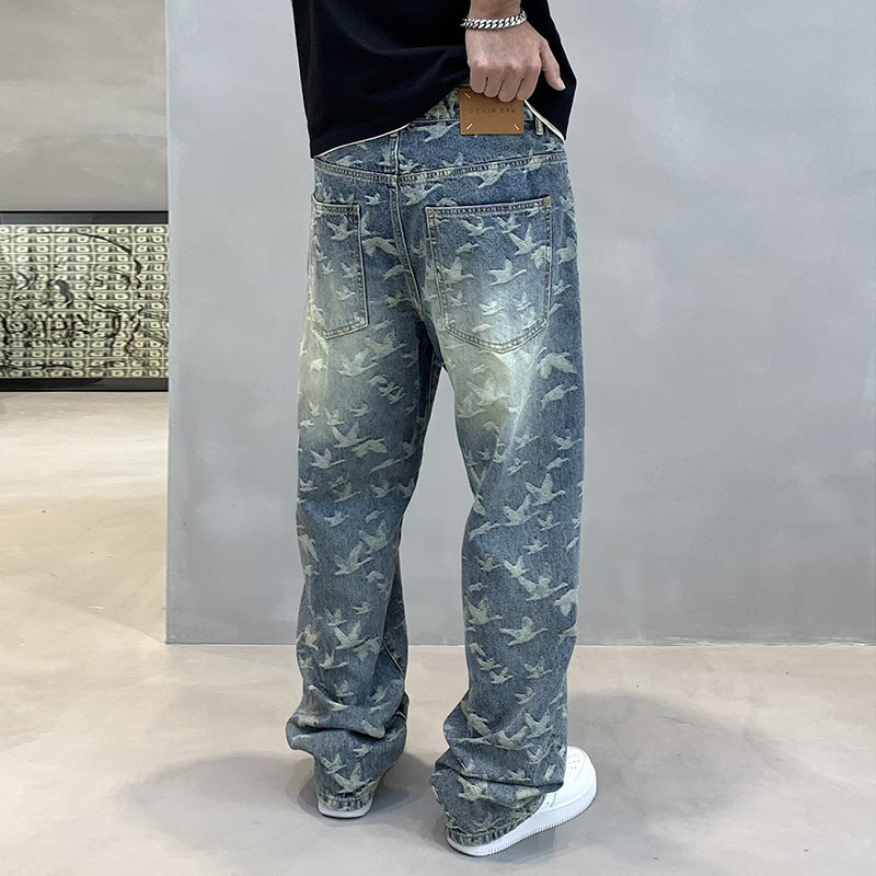 Men's Personalized Bird Jacquard Embroidery Denim Straight-leg Pants - Nyaabs