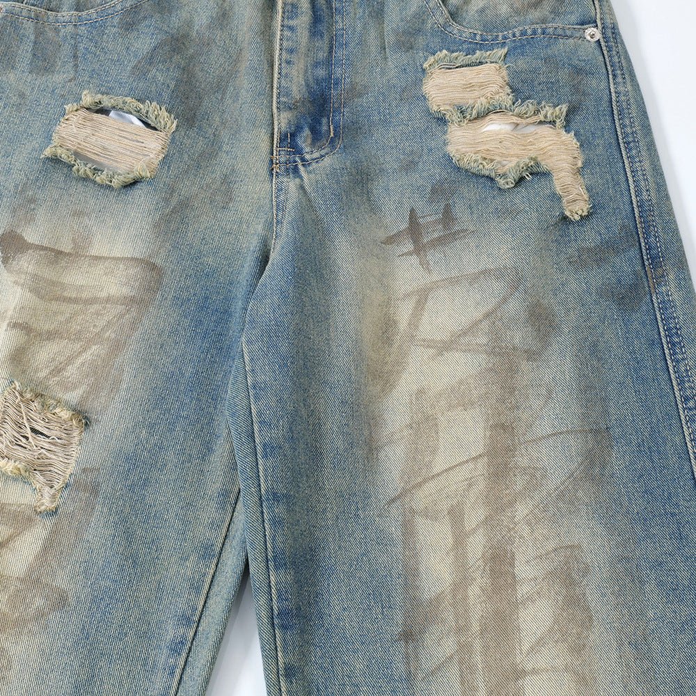 Graffiti Distressed Dirty Ripped Denim Trousers - Nyaabs