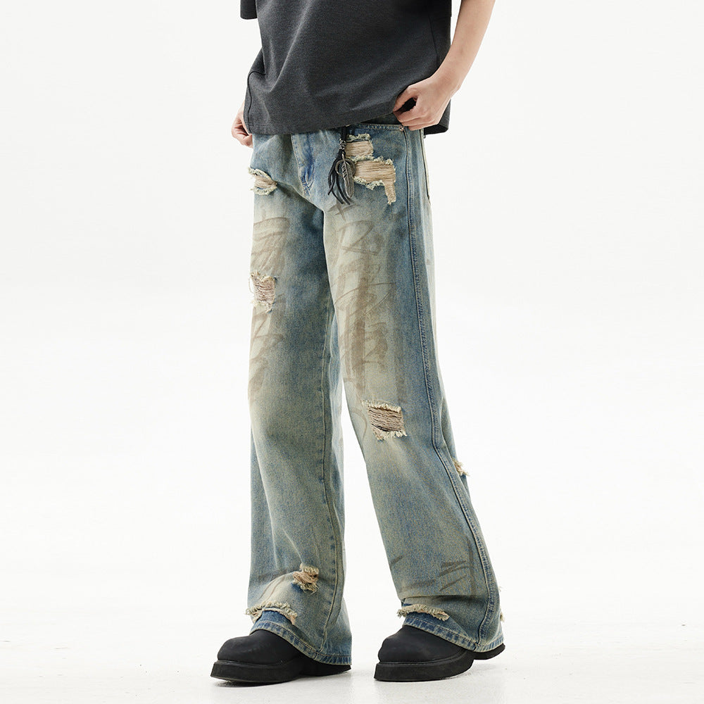 Graffiti Distressed Dirty Ripped Denim Trousers - Nyaabs