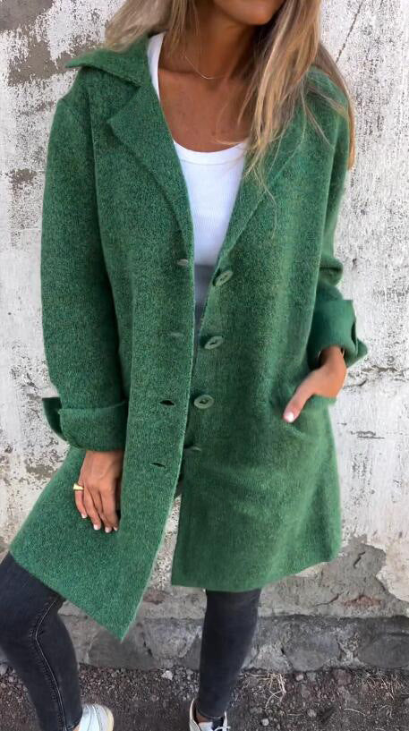 Lapel Single Breasted Cardigan With Pockets Fashion Color Solid Mid-Length Outwear Coat Womens Clothing - Nyaabs