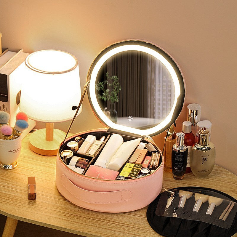 Round Smart LED Makeup Bag With Mirror Lights Women Beauty Bag Large Capacity PU Leather Travel Organizers Cosmetic Case - Nyaabs