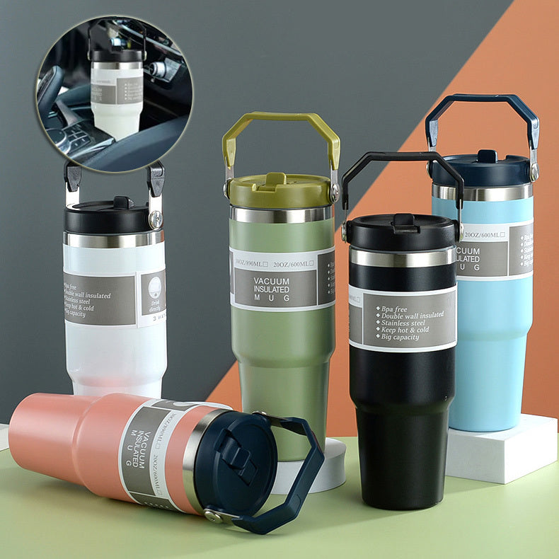 Portable Car Cup Stainless Steel Cup Travel Sports Water Bottle With Handle Cover Coffee Tumbler Cup - Nyaabs