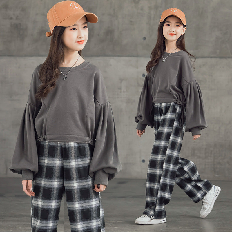 Girls' Suits Western Style Korean Children's Clothing Trendy Plaid Trousers Big Kids - Nyaabs