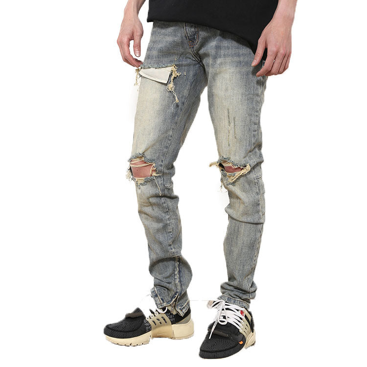 Ripped Washed Elastic Mid-waist Denim Trousers - Nyaabs