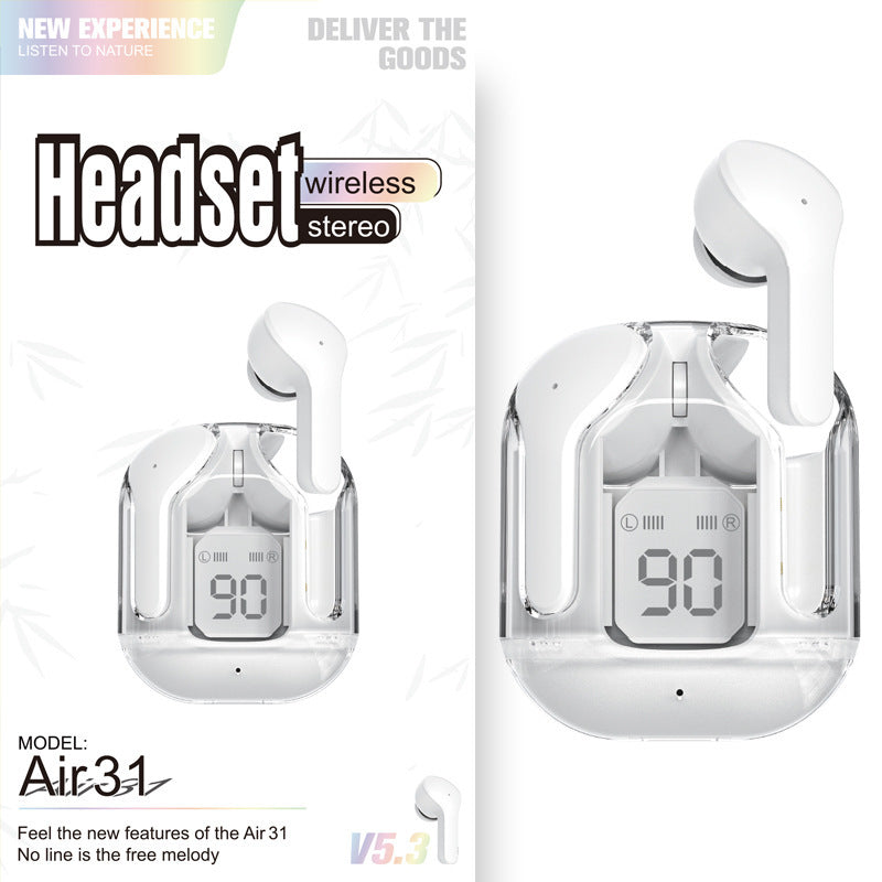 New Mini Transparent Wireless Bluetooth Headset Digital Display ENC Noise Reduction True Wireless Sports Music - Nyaabs