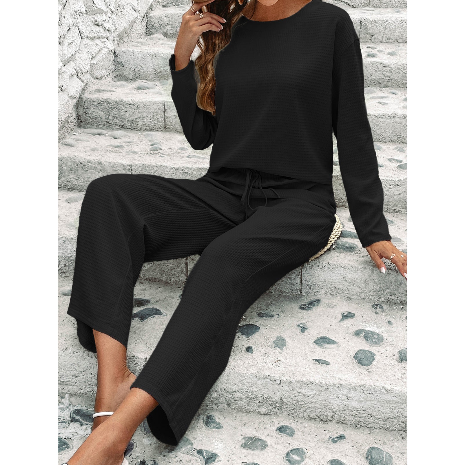 Long Sleeved Top Fashion Pants Two-piece Set - Nyaabs