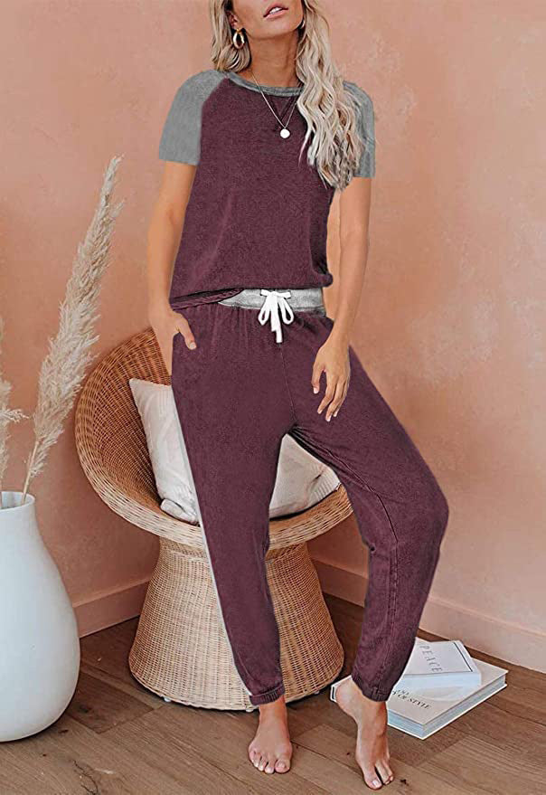 Solid Color Stitching Fashion Round Neck Short Sleeves Casual Suit - Nyaabs