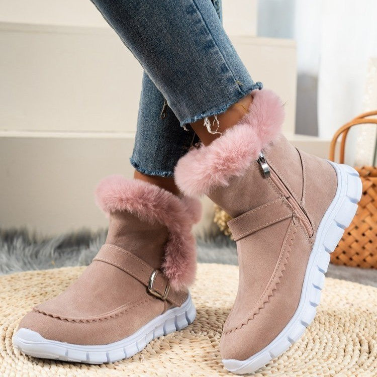 New Snow Boots Winter Warm Thickened Solid Color Plush Ankle Boots With Buckle Design Plus Velvet Flat Shoes For Women - Nyaabs