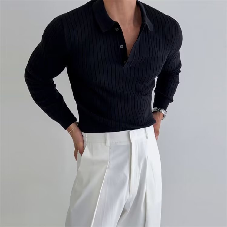 Lapel Button Long Sleeve Polo Shirt Slim Fashion Solid Striped Knitted Bottoming Shirt Top Men's Clothing - Nyaabs