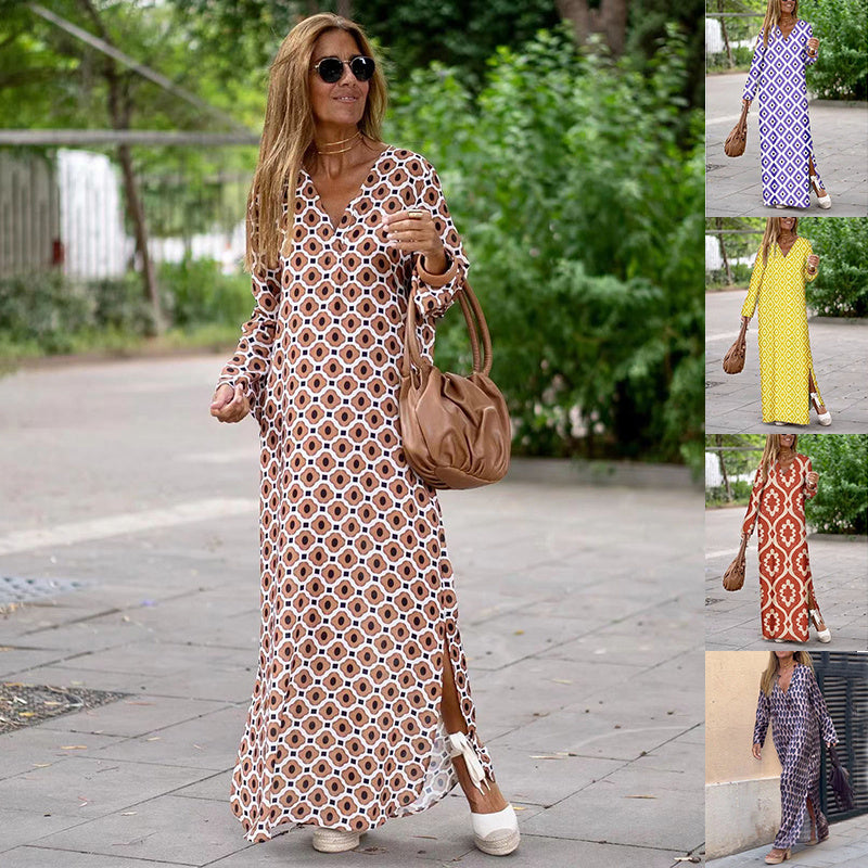 Summer Geometric Printed V-neck Long Dress Fashion Long Sleeve Slit Dresses For Women - Nyaabs