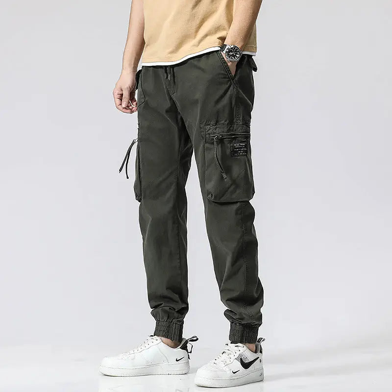 Casual Pants Trendy Brand Elastic Waist Men's Youth Simple Pure Cotton Multi-pocket Work Pants Trousers Ankle-tied - Nyaabs