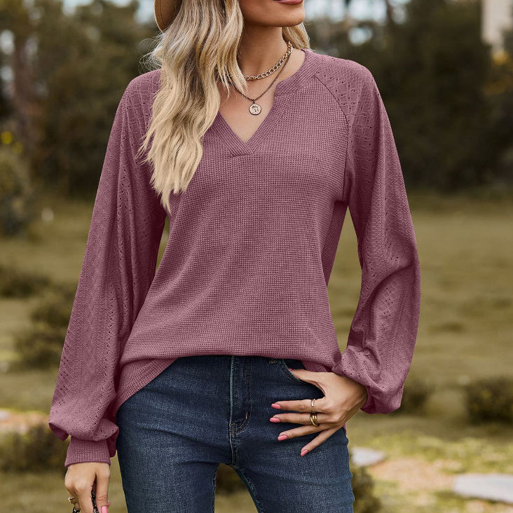 Solid Color V-neck Patchwork Loose Long Sleeve T-shirt nyaabs.com