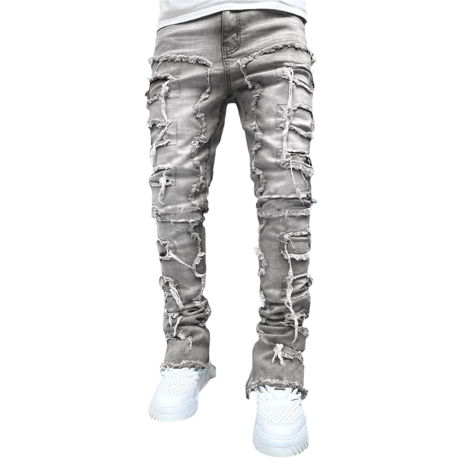 Men Trousers Individual Patched Pants Long Tight Fit Stacked Jeans For Mens Clothing - Nyaabs