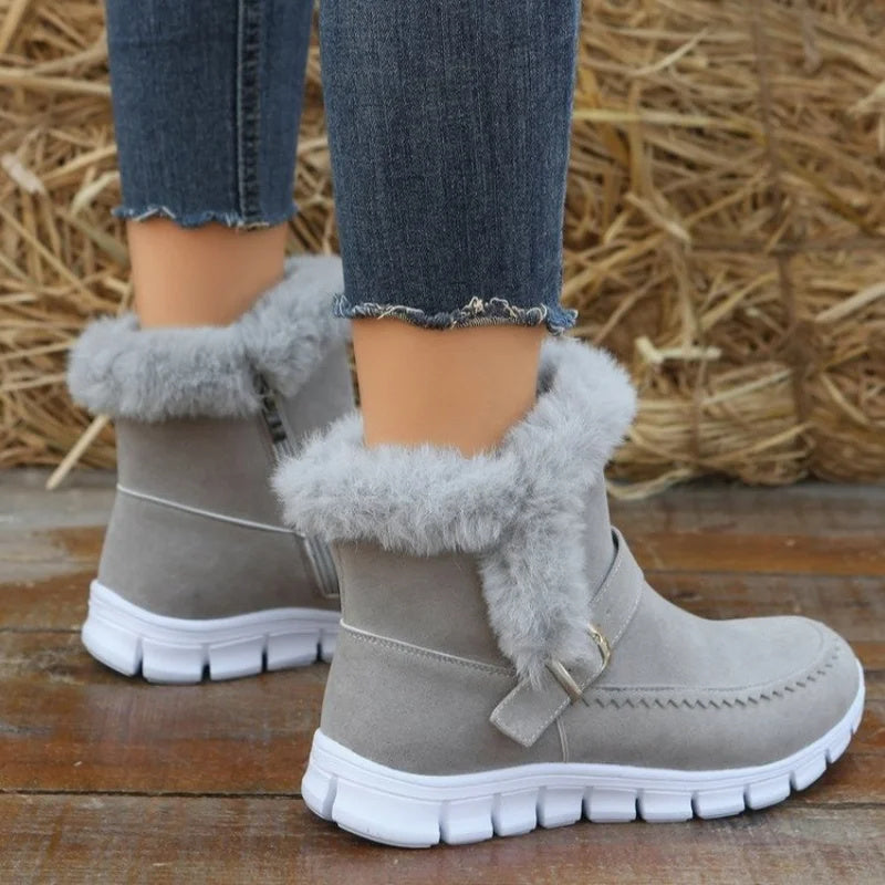 New Snow Boots Winter Warm Thickened Solid Color Plush Ankle Boots With Buckle Design Plus Velvet Flat Shoes For Women - Nyaabs