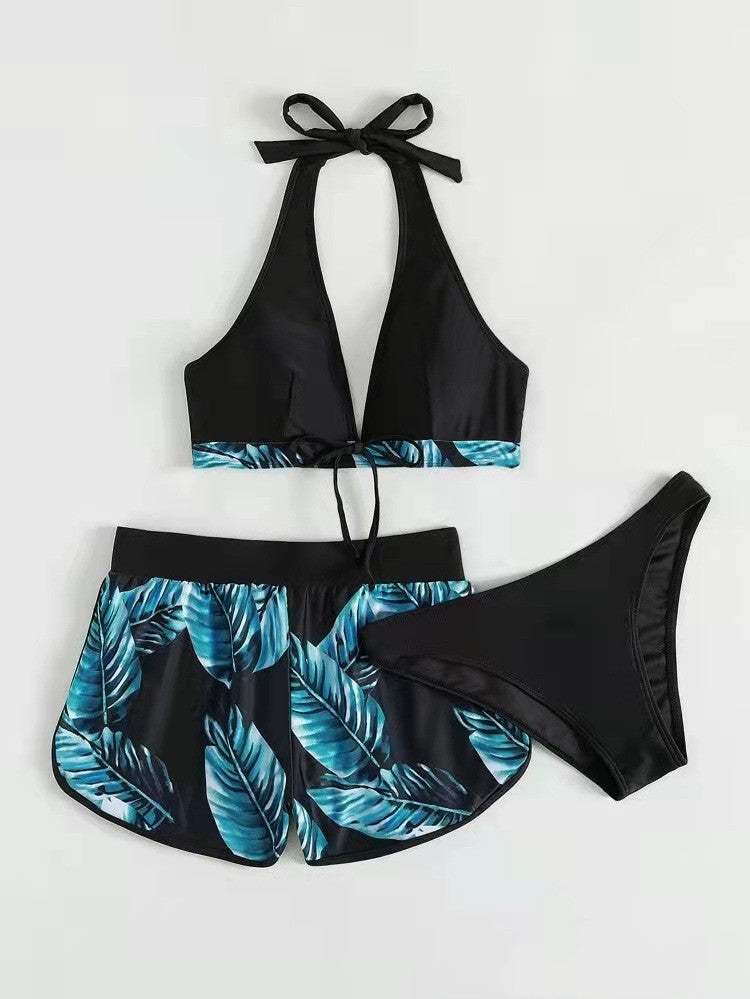 3pcs Leaf Print Bikini With Shorts Fashion Summer Beach Swimsuit Womens Clothing - Nyaabs