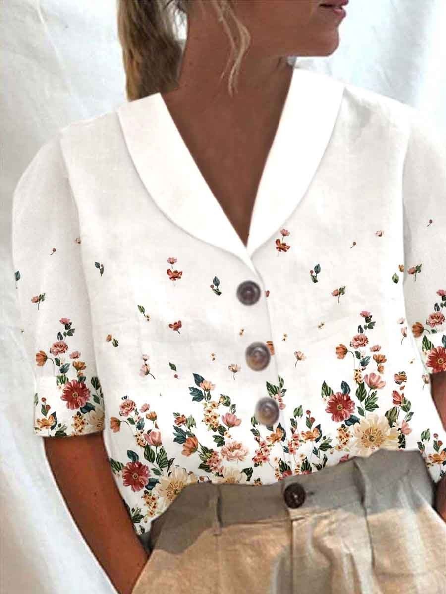 Women's Stand Collar Button Casual Half-sleeve Cotton And Linen Printed Short-sleeved Shirt - Nyaabs