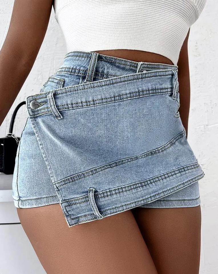 Y2K Street Vintage Denim Shorts Stretch Overlap Waist Wrap Solid Asymmetrical Hem A-Line Skinny Mini Skorts Skirt - Nyaabs