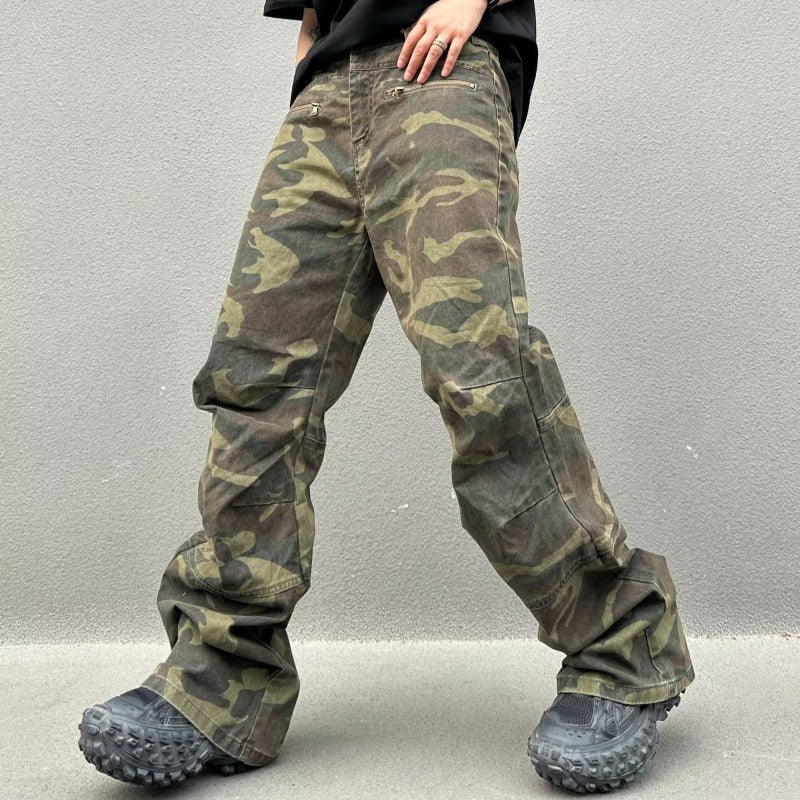 Retro Casual Loose Straight Camouflage Cargo Pants - Nyaabs