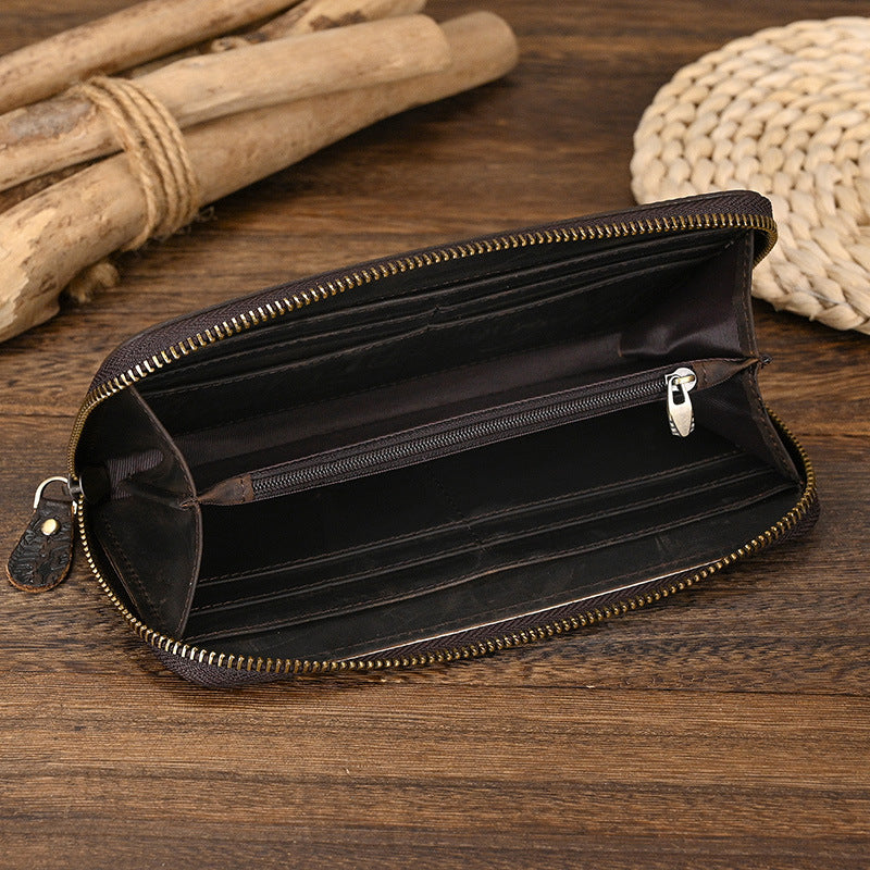 Men's Crazy Horse Leather Retro Embossing Fashion Long Wallet - Nyaabs