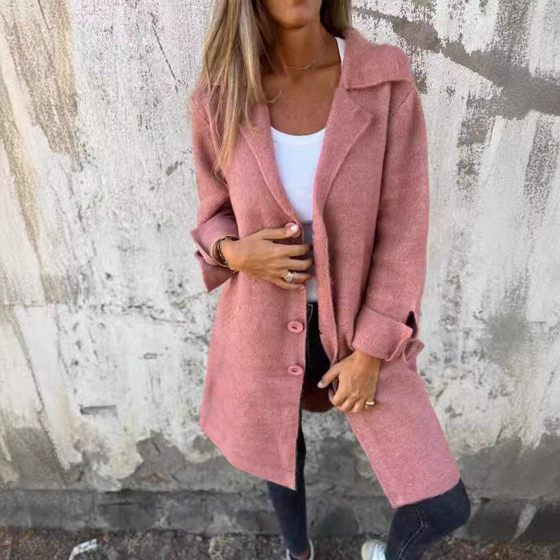 Lapel Single Breasted Cardigan With Pockets Fashion Color Solid Mid-Length Outwear Coat Womens Clothing - Nyaabs