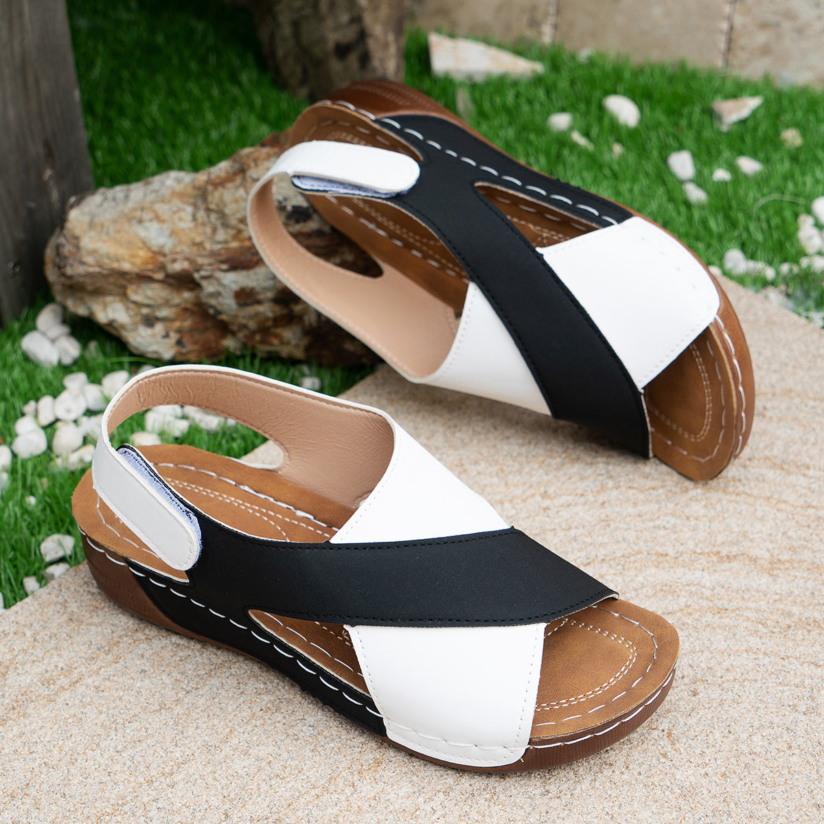 Summer Wedges Sandals With Colorblock Cross-strap Design Casual Thick-soled Roman Shoes For Women - Nyaabs