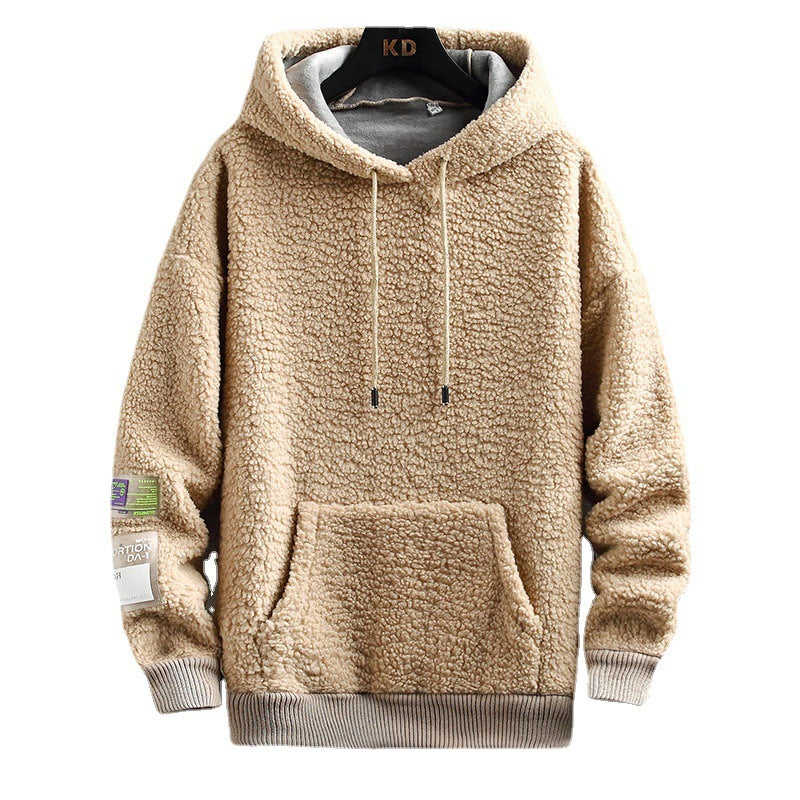 Men's Hooded Drawstring Pocket Lamb Wool Sweatshirt Velvet Padded Thickened Coat - Nyaabs