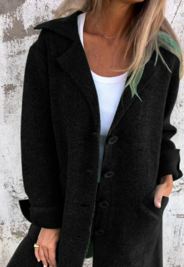 Lapel Single Breasted Cardigan With Pockets Fashion Color Solid Mid-Length Outwear Coat Womens Clothing - Nyaabs