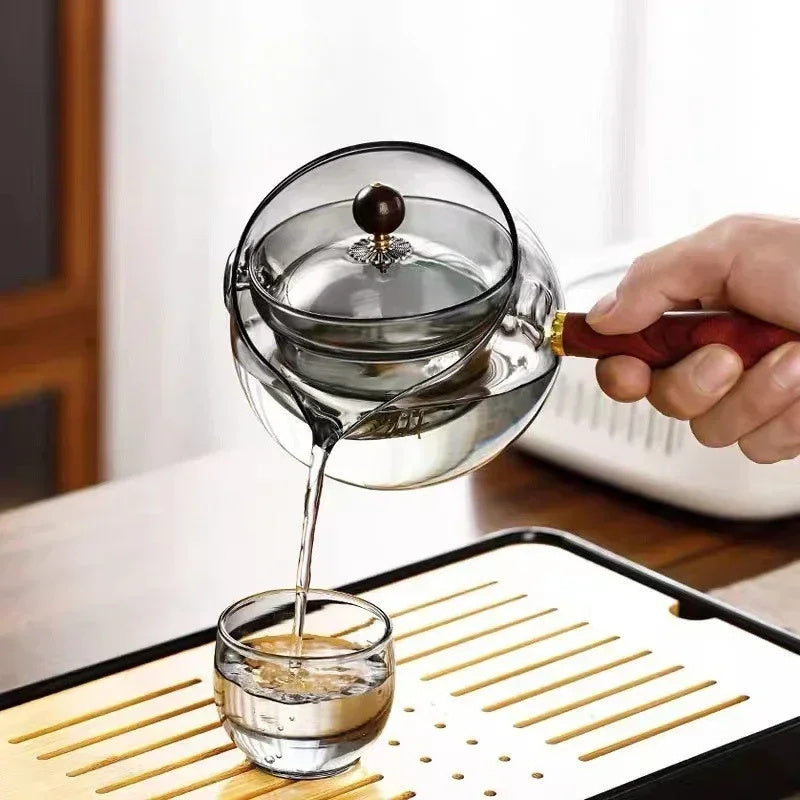 Semi-automatic Rotary Heat-resistant Glass Teapot Lazy Tea Making With Infuser And Wooden Handle Office Home Accessories Kitchen Gadgets - Nyaabs