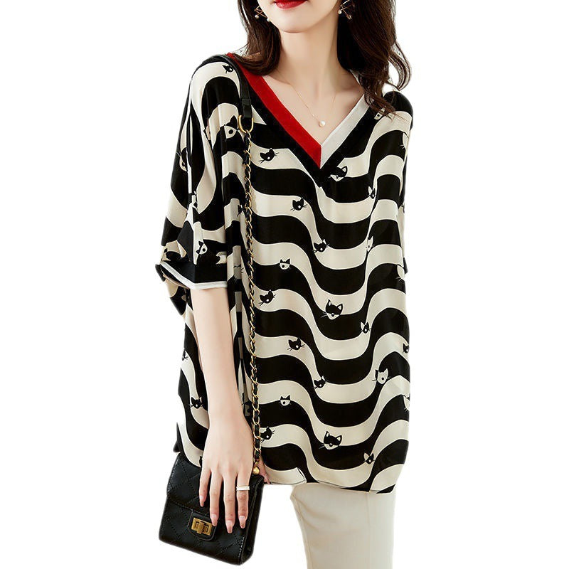 Striped Half Sleeve New Chiffon Shirt Women nyaabs.com