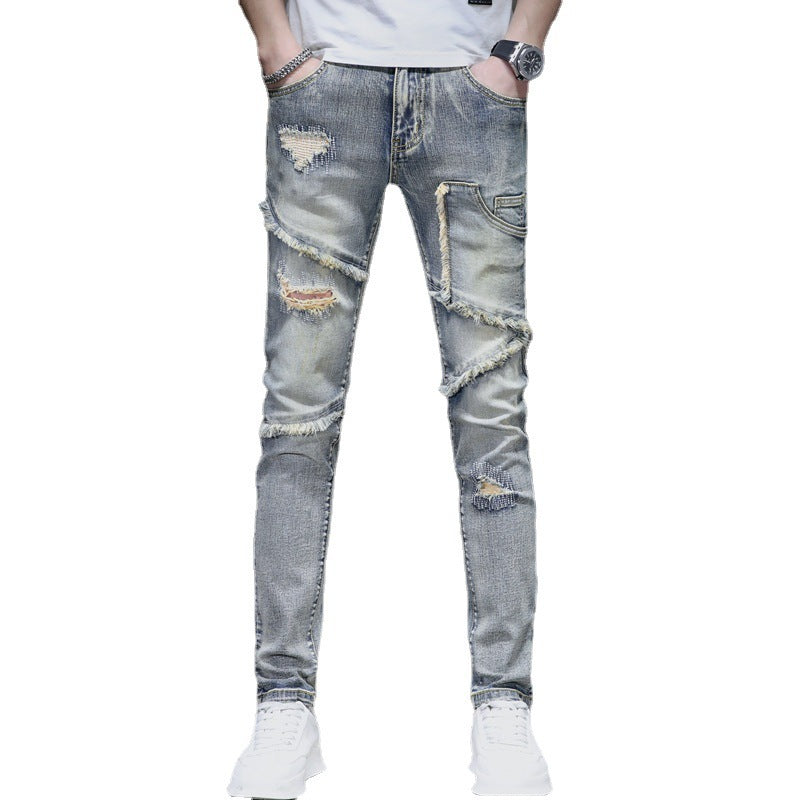 Distressed Raw Hem Ripped Stitching Stretch Denim Trousers - Nyaabs