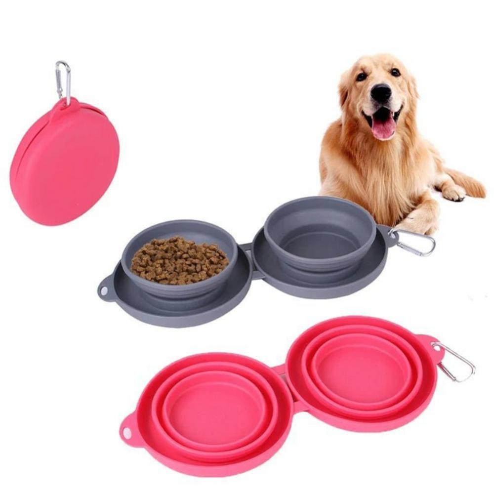 Rubber Foldable Double Bowl Pet Feeding Bowl Pets Supplies Dog Cat Bowls nyaabs.com