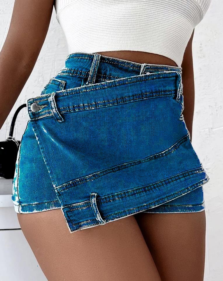 Y2K Street Vintage Denim Shorts Stretch Overlap Waist Wrap Solid Asymmetrical Hem A-Line Skinny Mini Skorts Skirt - Nyaabs