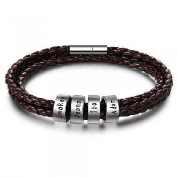 Personalized Mens Braided Genuine Leather Bracelet Stainless Steel Custom Beads Name Charm Bracelet For Men With Family Names - Nyaabs