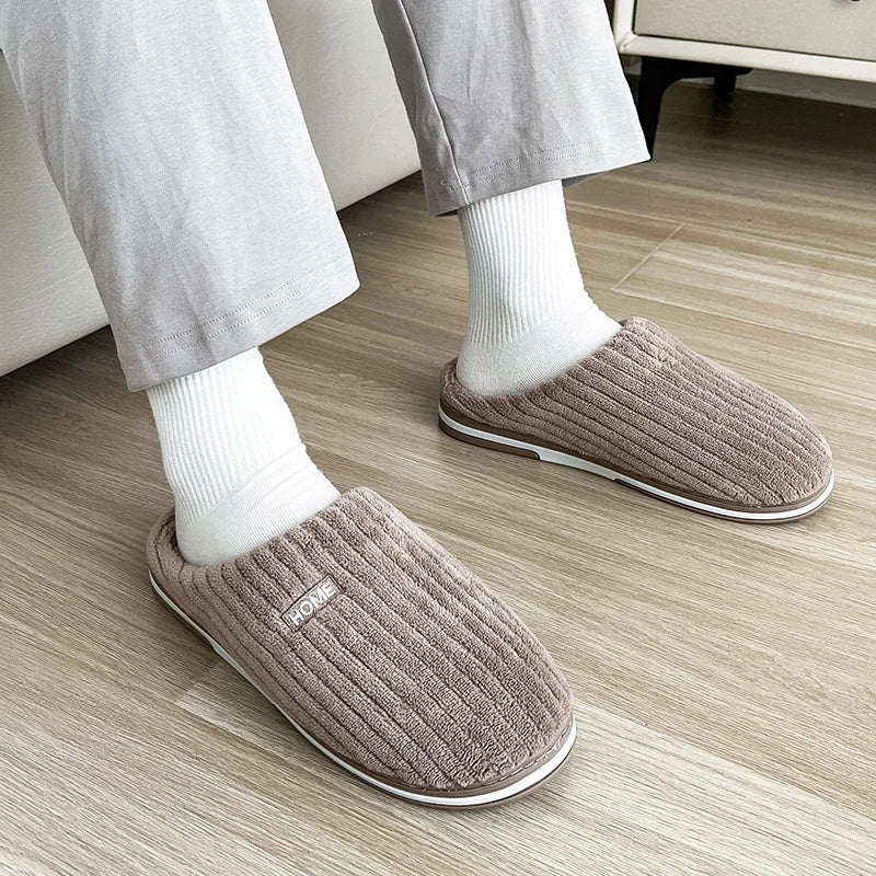 Solid Color Simple Cotton Slippers Winter Non-slip Home Warm Plush Slippers Household Indoor Couple Women's House Shoes - Nyaabs