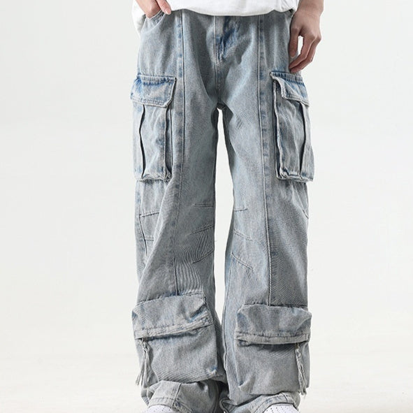 American Street Fashion Heavy Industry Washing Tooling Denim Trousers - Nyaabs