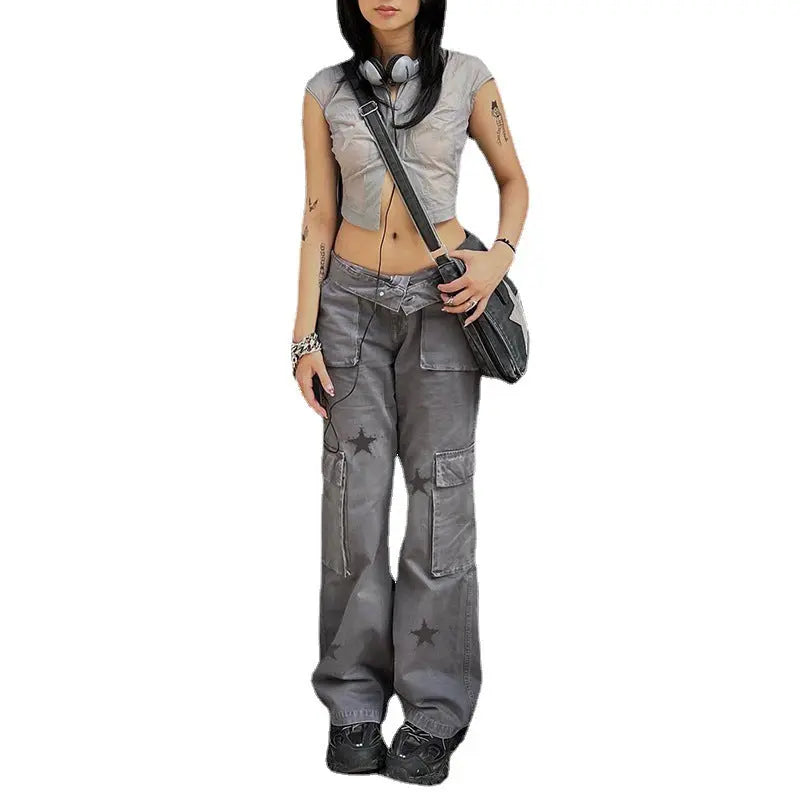 Street Retro Low Rise Denim Cargo Pants - Nyaabs