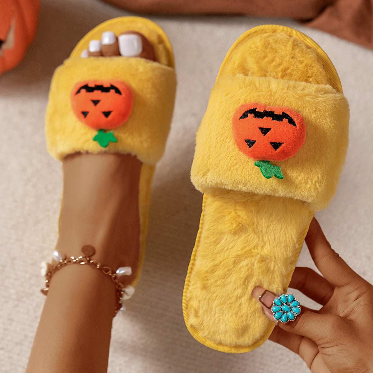 Halloween Cute Pumpkin Plush Slippers Home Indoor Open Toe Shoes Winter Warm Bedroom Slippers For Women - Nyaabs