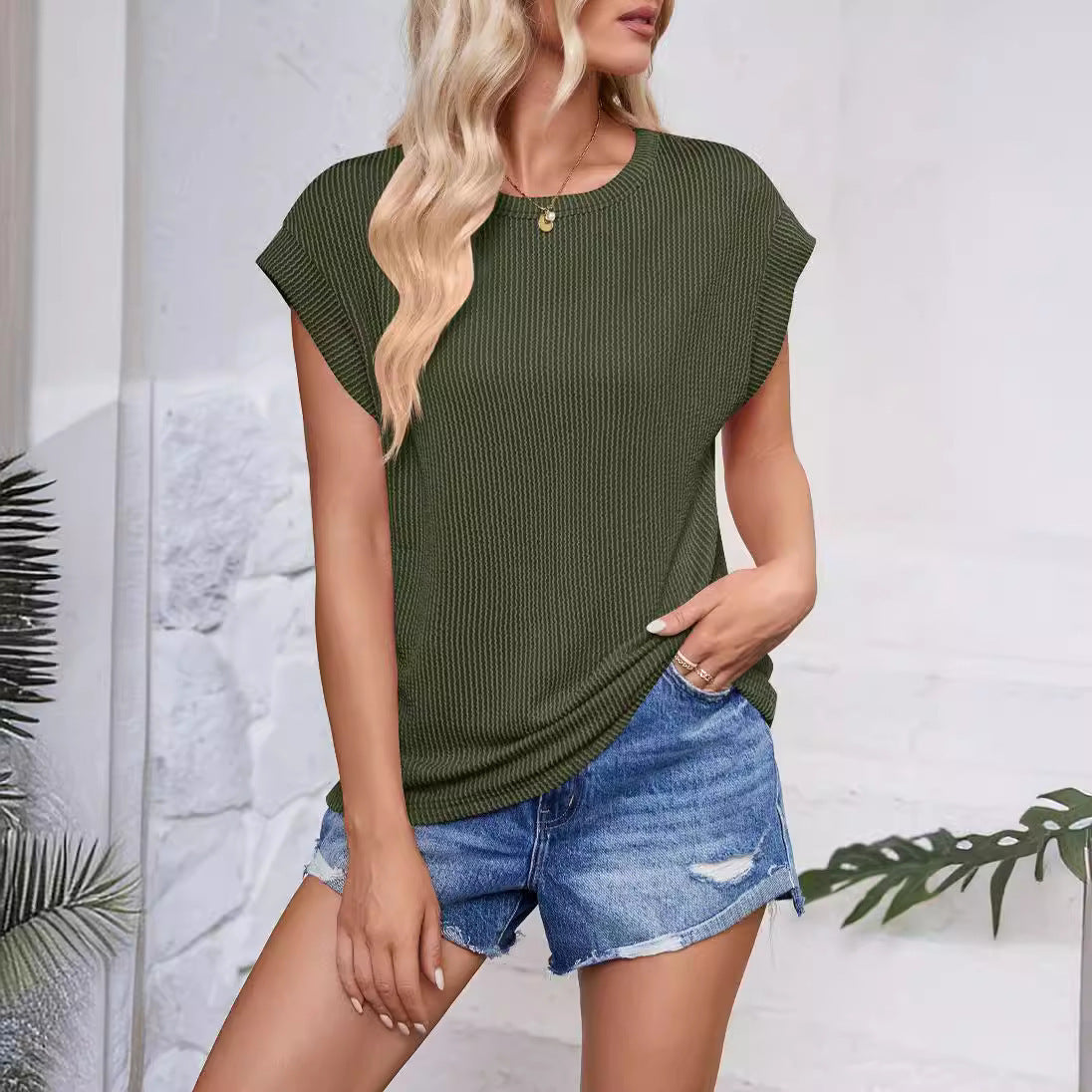 Solid Color Stripe Bat-sleeve T-shirt Summer Casual Loose Vest Tank Womens Clothing - Nyaabs